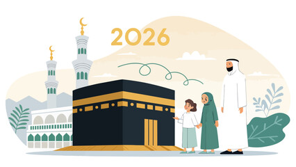 Fototapeta premium Family of three visiting the Kaaba in Mecca, with '2026' indicating the year, celebrating pilgrimage and spiritual journey.