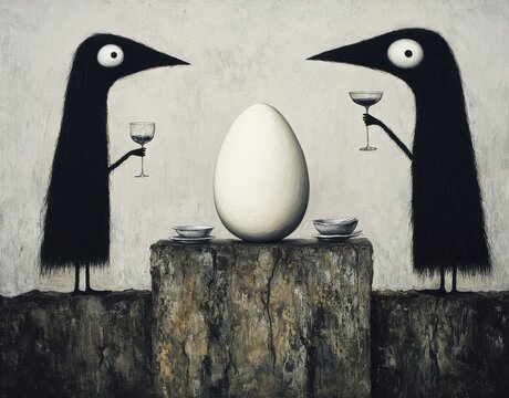 Two Black Bird-like Creatures with an Egg image (154