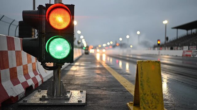 Racing Track Start Signal with Green and Red Traffic Lights on a Rainy Day