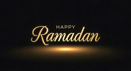Obraz premium Happy Ramadan greeting with elegant gold text on black background