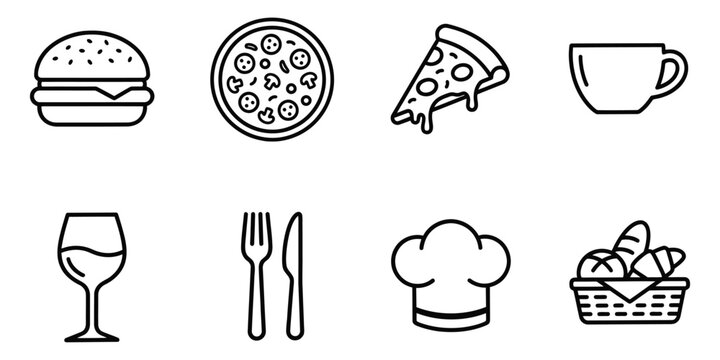 Set of food and drink icons in line art: burger, pizza, wine glass, cutlery, chef hat, bread basket Vector Icon Bundle