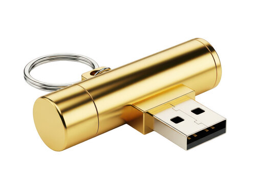 Gold usb flash drive with keyring attachment for data storage isolated on transparent background