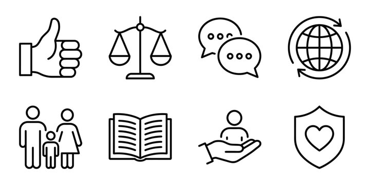 Icons representing social values, law, family, and education: thumbs up, scales, chat, globe, family, book Vector Icon Bundle