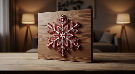 Wooden board features a snowflake design made of strung threads, resting on a table