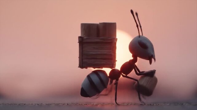 Animated ant carrying load silhouette against sunset sky
