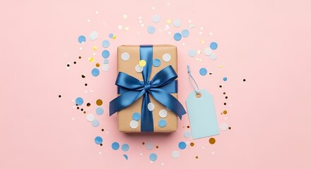 Wrapped gift with blue ribbon and tag surrounded by confetti on a pink background