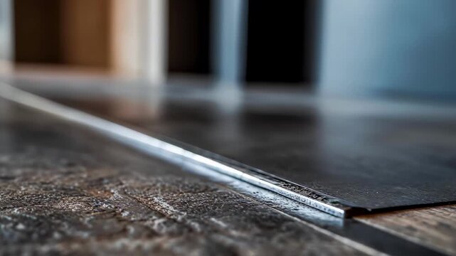 Detailed medium shot of a bevelled transition strip with sharp edge focus and background floors softly obscured to emphasize joint precision.