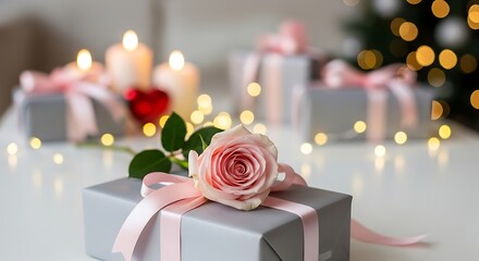 Wrapped gifts with ribbons, rose, candles, and fairy lights create a romantic holiday scene
