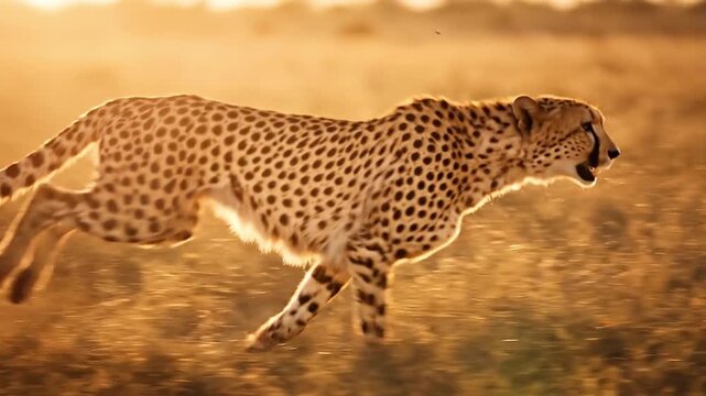 Cheetah fast running in field. Beautiful moving animal outdoor. Predator mammal action on sunny day. Generative AI