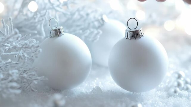Decorative white baubles on silver snowy twigs, festive holiday season decoration