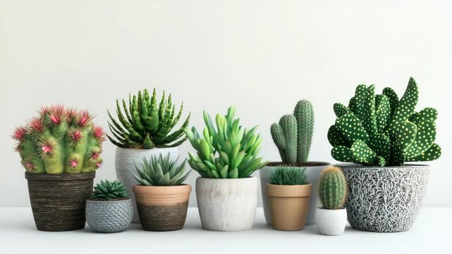 A selection of diverse cacti and succulents in various pots, displayed for decoration or sale.