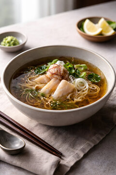 Ultra-realistic fine dining photo of Icelandic fermented shark h&aacute;karl reimagined as refined ramen. Nordic&ndash;Japanese fusion, clear broth, minimalist ceramic bowl, soft window light, calm luxury mood.