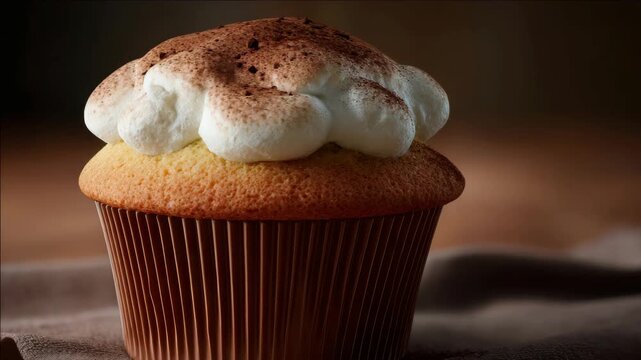 A close up of a frosted cupcake in a wrapper on a table.