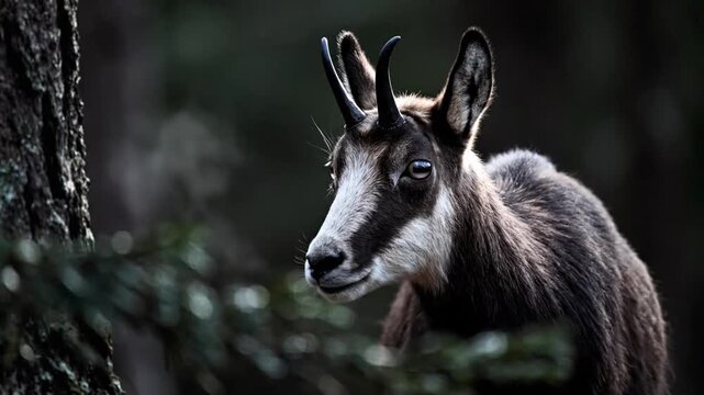A serene chamois stands amidst lush forest foliage, its alert gaze captured in a close-up portrait from a slightly elevated viewpoint.