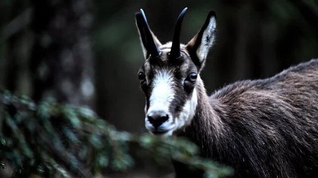 A close-up portrait of a chamois standing amidst foliage in a forest, captured from a low angle
