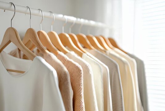 Assortment of neutral tone clothes hanging on hangers on rack.