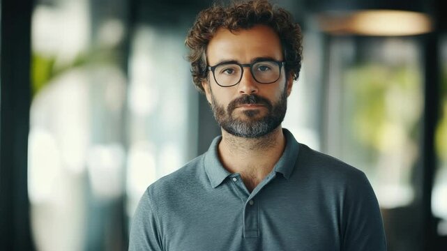 Friendly, approachable man with a beard and glasses; a smile on his face; wearing a casual shirt; in an office environment.
