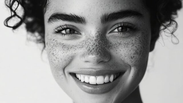 Portrait of a young woman with freckled face smiling. Beautiful natural lighting highlights her happy, open expression.