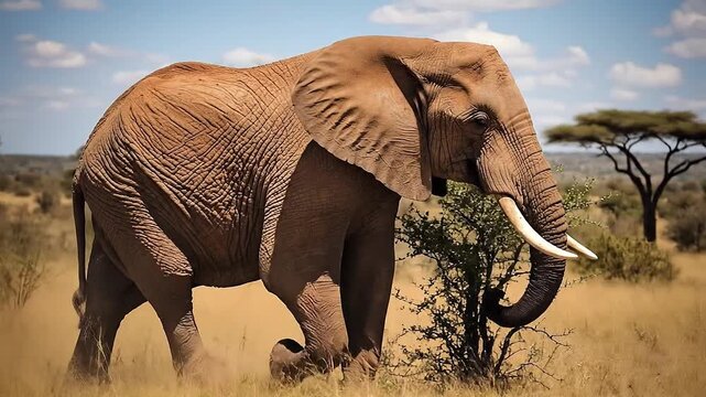 Elephant standing in savannah at nature. Big wild animal with tusks outdoor. Grey herbivore mammal at sunny weather. Generative AI