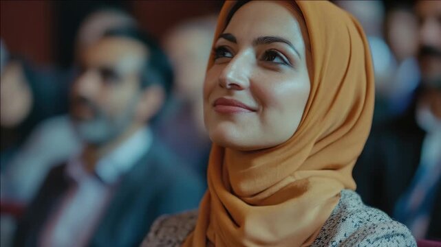 A smiling muslim woman in an audience, likely at a gathering or event, looking to the right. She appears engaged and inspired by what's being said.