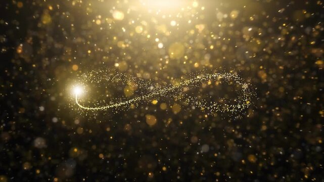 Elegant golden infinity symbol formed by shimmering particles, floating in a glowing gold dust background, symbolizing eternity, continuity, and endless energy with a luxurious, cinematic feel. Loop.