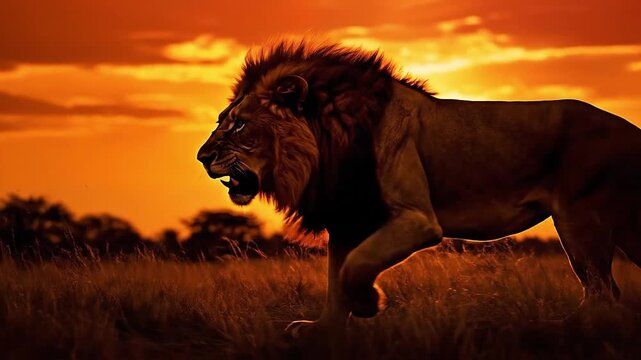 Furious lion at sunset on field. Bid angry predator running and growling. Generative AI