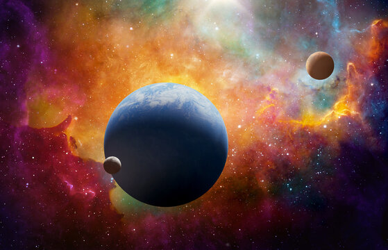 Collage of outer space featuring planet Earth in the foreground with visible atmosphere, the Moon nearby, and Mars in the distance.  Elements of this image furnished by NASA.