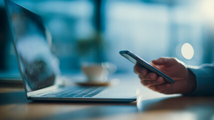 Naklejka premium Person using a smartphone near an open laptop on a wooden desk in a softly lit indoor workspace with a blurred coffee cup in the background