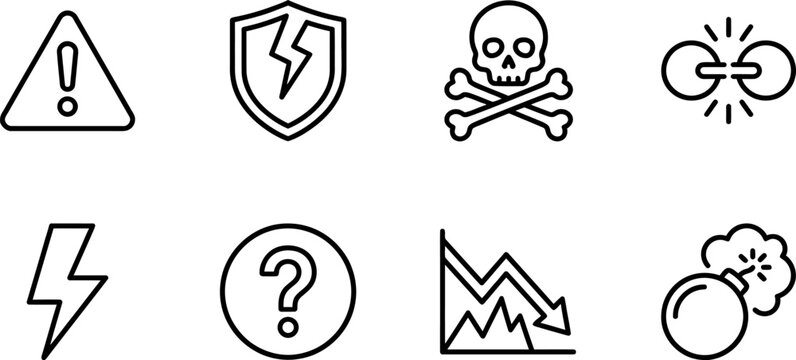 Danger and warning icons: alert triangle, broken shield, skull and crossbones, bomb, lightning bolt, question mark Vector Icon Bundle