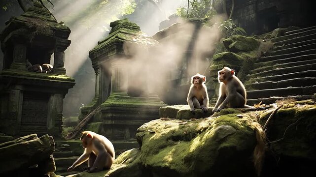 Monkeys in ruins of antique temple. Group of small fluffy animals in abandoned historical place. Young mammals exploring an old city on sunny day. Generative AI