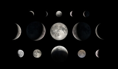 Moon phases set on black background showing new moon, crescent, half moon, full moon, and eclipse. Astronomical sequence of lunar cycle isolated on black. Elements of this image furnished by NASA.