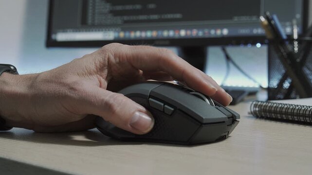Close up of male hand holding black computer mouse on wooden desk. Background shows monitor with code, ideal for technology, business and programming concepts.