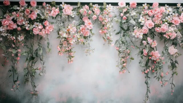 Floral wallpapers with pink and white flowers and green foliage for a soft, elegant look.