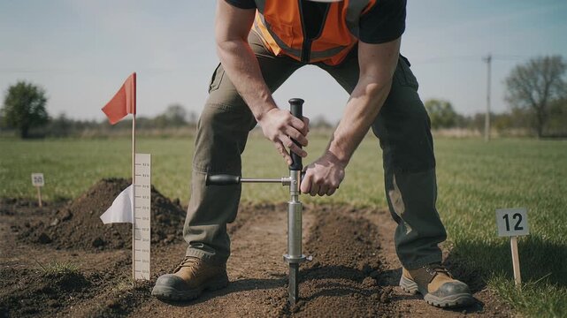 Professional agronomist collecting soil samples using manual auger probe. Agricultural research and ground analysis for farming quality control.