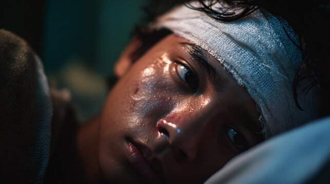 disease impact portrait, a sick young adult lies in bed, looking exhausted with a damp cloth on their forehead, depicting the impact of dengue fever
