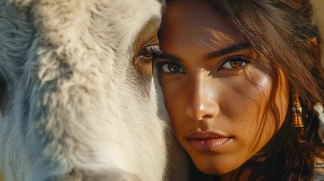 Native American woman wearing a cowboy hat, sitting near her horse in the countryside during sunset.