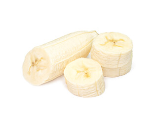 Peeled Banana Slices Isolated on White Background
