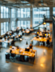 Obraz premium Blurred vibrant modern open-plan office space bustling with employees working at desks surrounded by large windows allowing natural light to fill the room
