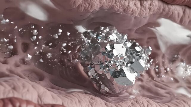 Microscopic 3D medical animation of crystal aggregation forming kidney stone or blockage in tissue