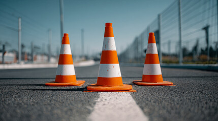 Three orange and white traffic cones positioned on a paved road with fences on both sides under clear blue sky during daytime traffic safety setup