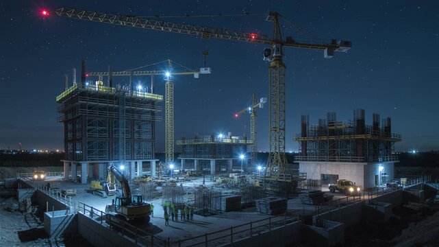 Active construction site illuminated by floodlights under starry night sky showing cranes and building frames. Perfect for urban development and industrial architecture concepts.
