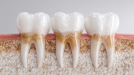 Detailed 3d illustration of three molar teeth with tartar buildup along gum line showing dental plaque affecting the enamel and root structure