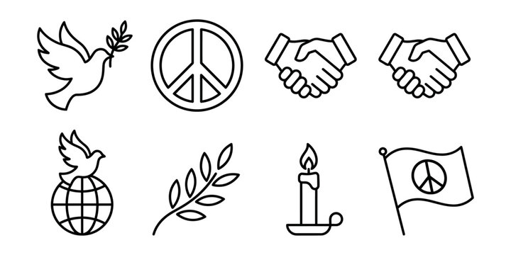 Peace and harmony icon set, featuring doves of peace, peace symbol, shaking hands, olive branch, and candle. Vector Icon Bundle