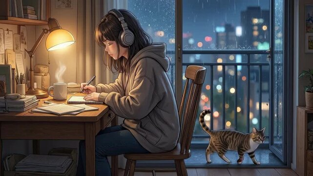 Cozy Lo-Fi Anime Girl Studying at Night with Cat and Rain Seamless Loop
