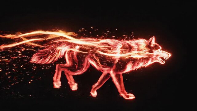 Fiery wolf running with glowing embers and smoke trails against a dark background