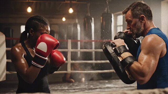 Female boxer training with coach in gritty boxing gym, intense workout session