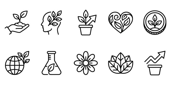 Eco-friendly growth and sustainability icons: hand with seedling, growing plant in pot, mind with leaves, heart with leaves, coin, earth, flask, flower, layered leaves, upward graph. Vector Icon Bundl