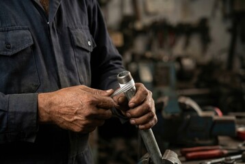 Close-up of a plumber's hands in overalls wrapping Teflon tape around the threads of a metal pipe in a workshop.