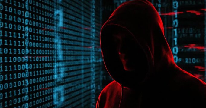 Cyber Attack Threat Concept with Red Glitch and Hacker Silhouette
