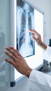 Radiologist doctor examining patient chest x-ray with abnormal opacity in lungs area at medical clinic, the doctor runs his fingers over the suspicious area